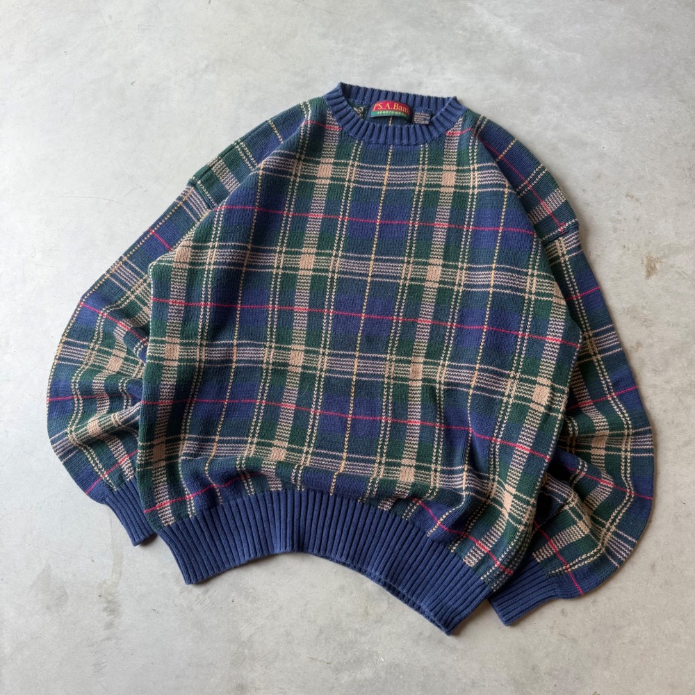 Jos A Bank Vintage Plaid Cotton Sweater Mens Large Navy Green Crewneck Knit